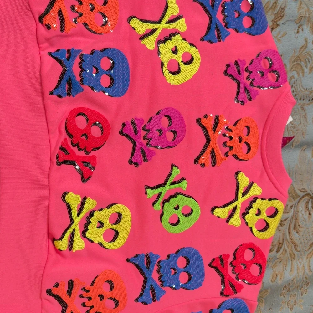 Queen of Sparkle NWT Colorful Skull Sequin Sweatshirt - Picture 10 of 16